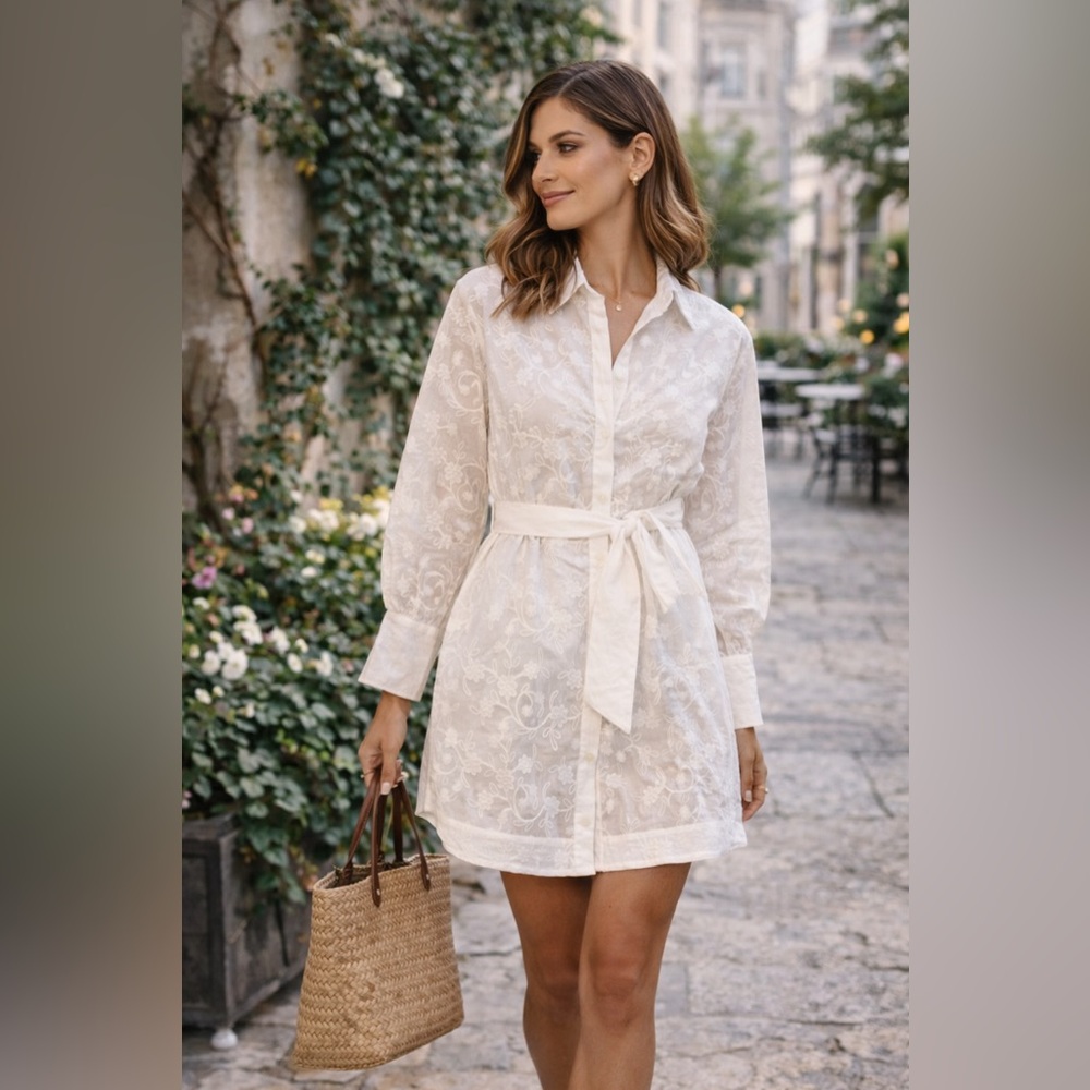 Super Natural By Secret Mission White Embroidered Mini Shirt Dress Small NWT